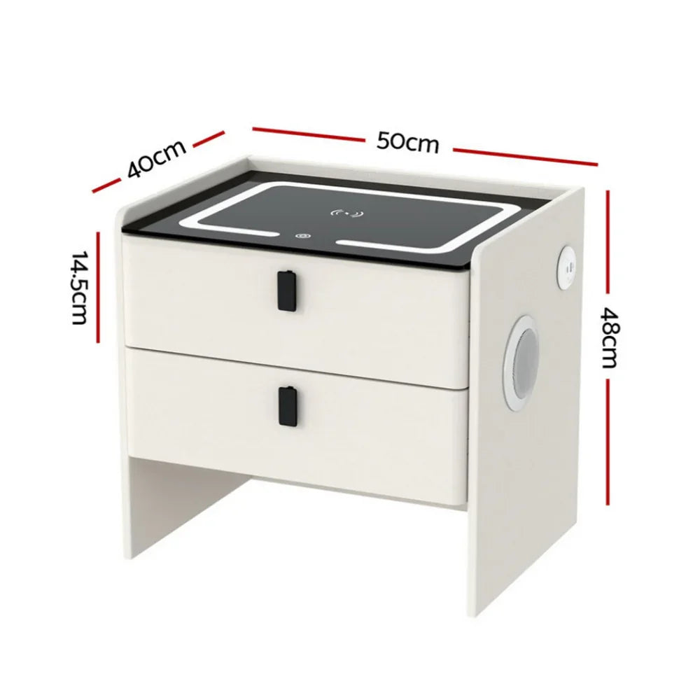 Modern white bedside table with LED light, wireless charger, two drawers, and dimensions labeled