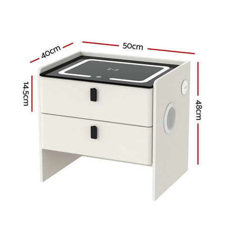 Modern white bedside table with LED light, wireless charger, two drawers, and dimensions labeled