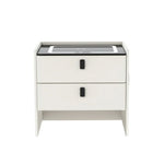 Modern white nightstand with two drawers and black handles, touch control LED panel on top