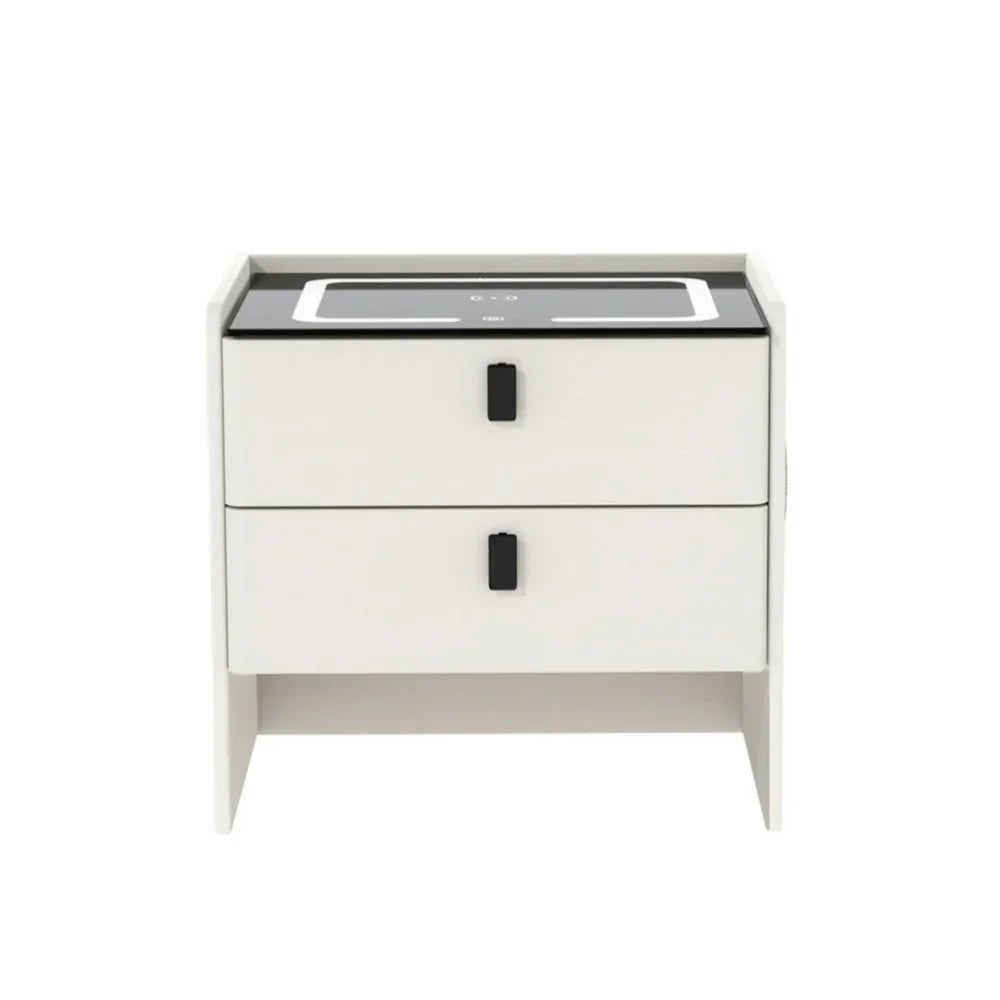 Modern white nightstand with two drawers and black handles, touch control LED panel on top