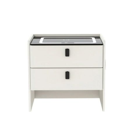 Modern white nightstand with two drawers and black handles, touch control LED panel on top
