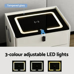 White nightstand with tempered glass top, touch control, and 3-colour adjustable LED lights