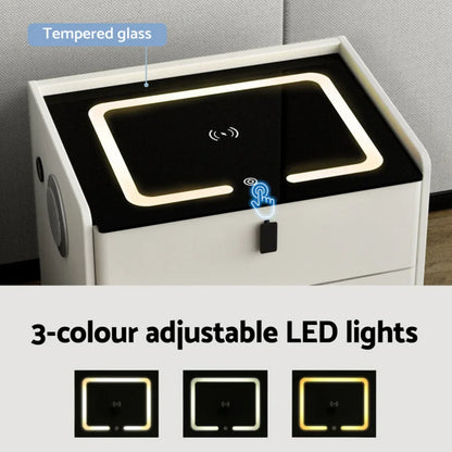 White nightstand with tempered glass top, touch control, and 3-colour adjustable LED lights