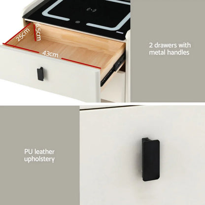 White nightstand with PU leather upholstery, two drawers, black metal handles, and drawer dimensions.