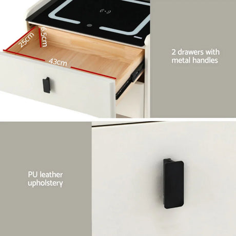 White nightstand with PU leather upholstery, two drawers, black metal handles, and drawer dimensions.