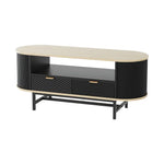 Modern black and wood TV stand with two drawers and open shelf, oval design, metal legs