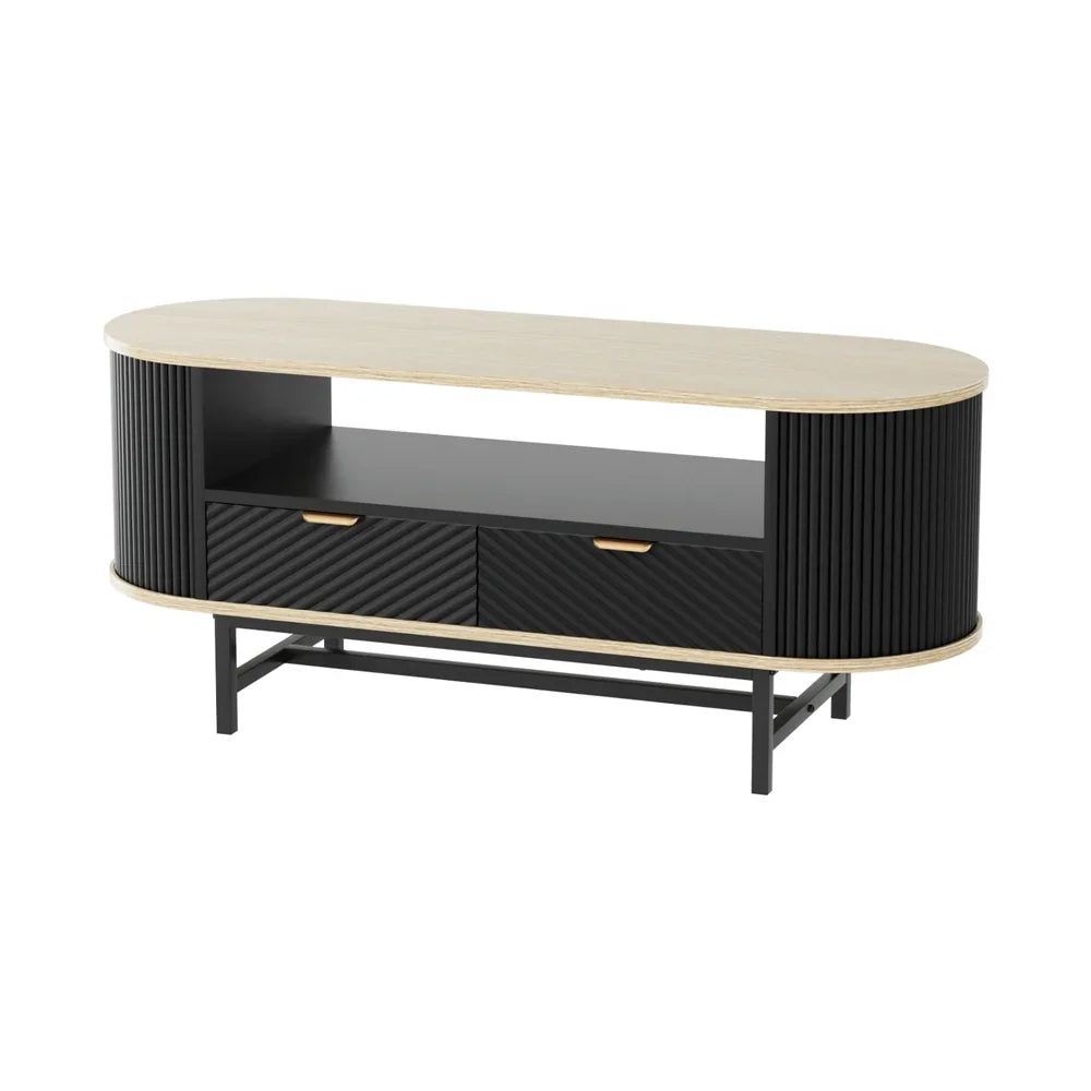 Modern black and wood TV stand with two drawers and open shelf, oval design, metal legs