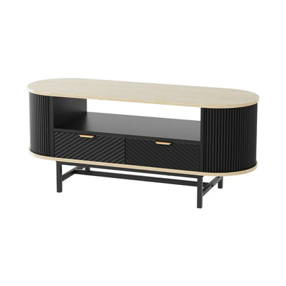 Modern black and wood TV stand with two drawers and open shelf, oval design, metal legs