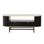 Modern oval black TV console with wood top, ribbed sides, two drawers, and metal legs