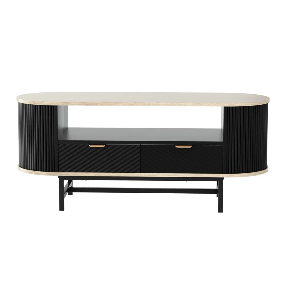 Modern oval black TV console with wood top, ribbed sides, two drawers, and metal legs