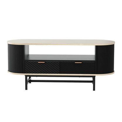 Modern oval black TV console with wood top, ribbed sides, two drawers, and metal legs