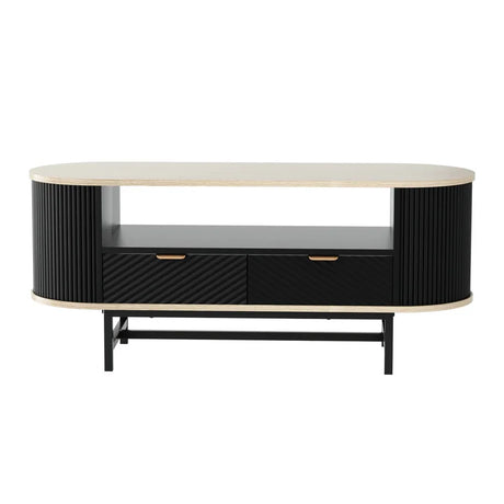 Modern oval black TV console with wood top, ribbed sides, two drawers, and metal legs