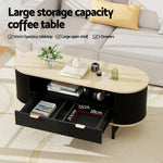Modern large storage capacity coffee table with drawers and open shelf in living room