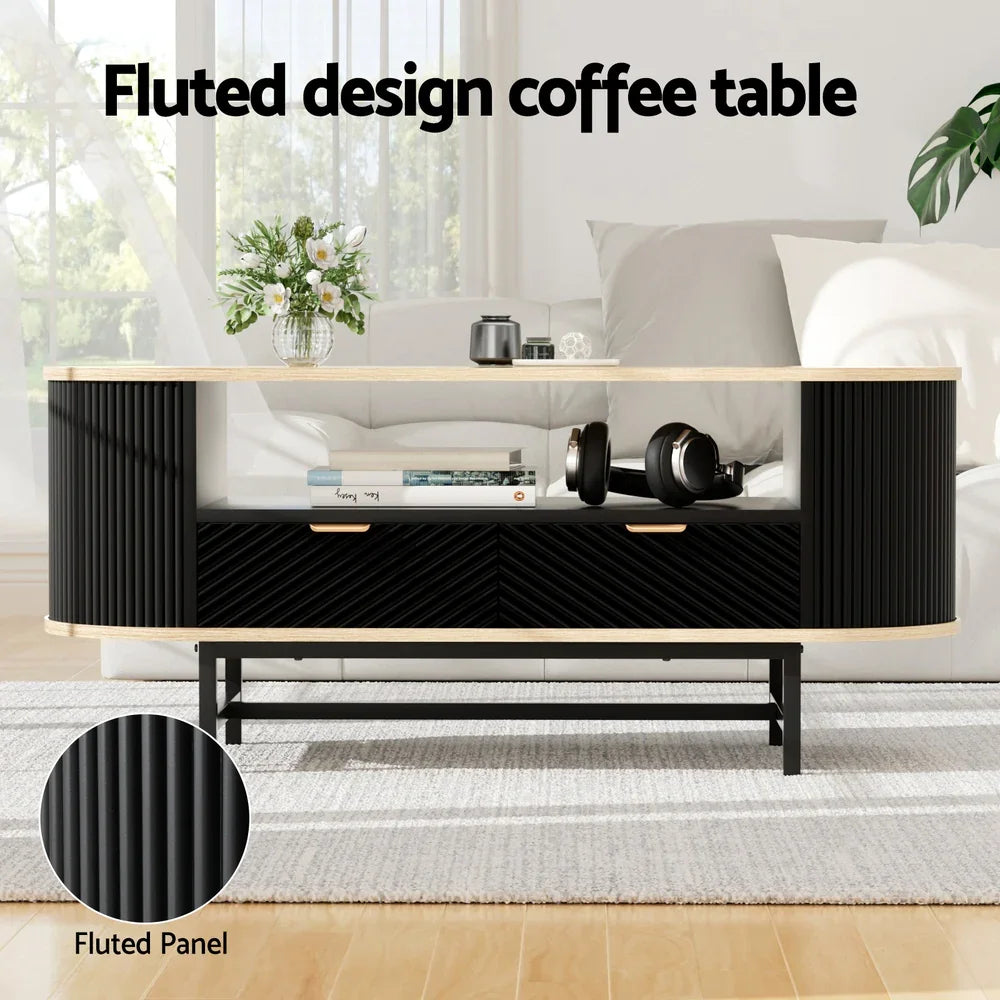 Modern fluted design black coffee table with open shelf in living room