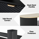 Modern black furniture details with sleek metal handles, safe round corners, and floor protectors.