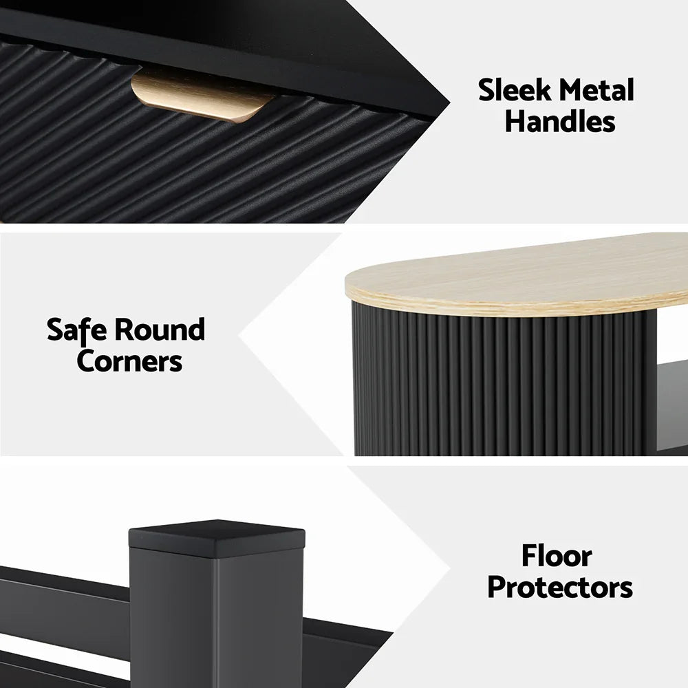 Modern black furniture details with sleek metal handles, safe round corners, and floor protectors.