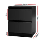 Black bedside table with 2 drawers, modern design, size 50x40x39.5cm shown