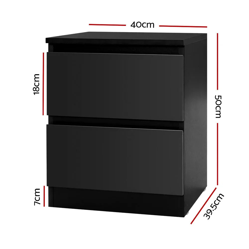 Black bedside table with 2 drawers, modern design, size 50x40x39.5cm shown