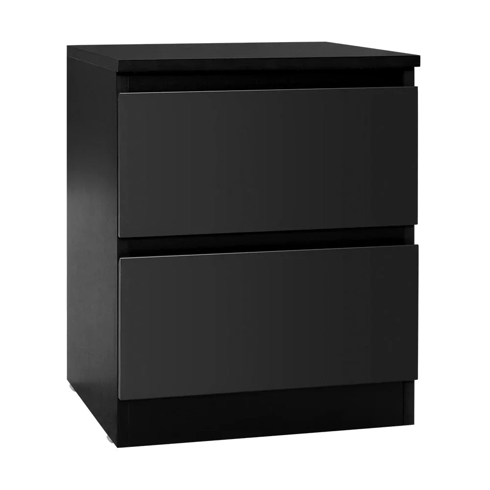 Modern black bedside table with two drawers, minimalist bedroom furniture