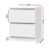 White two-drawer nightstand with labeled dimensions, minimalist bedroom furniture