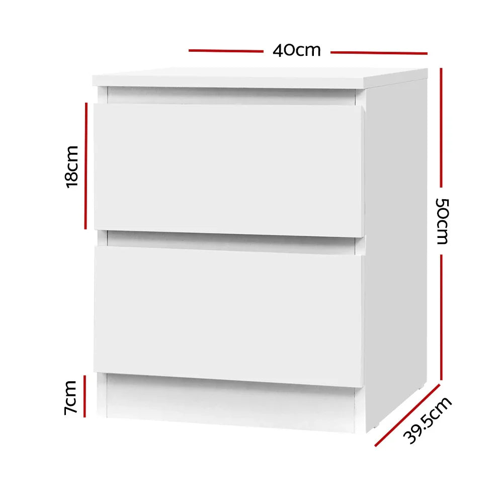 White two-drawer nightstand with labeled dimensions, minimalist bedroom furniture