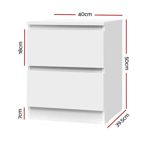 White two-drawer nightstand with labeled dimensions, minimalist bedroom furniture