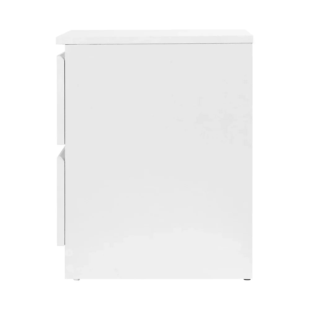 Modern white cabinet with two vertically aligned handles, side view, minimalistic design