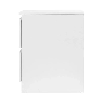 Modern white cabinet with two vertically aligned handles, side view, minimalistic design