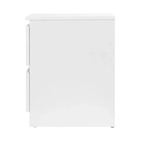 Modern white cabinet with two vertically aligned handles, side view, minimalistic design