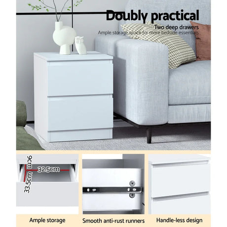 White bedside table with two deep drawers, modern handle-less design, next to a grey sofa