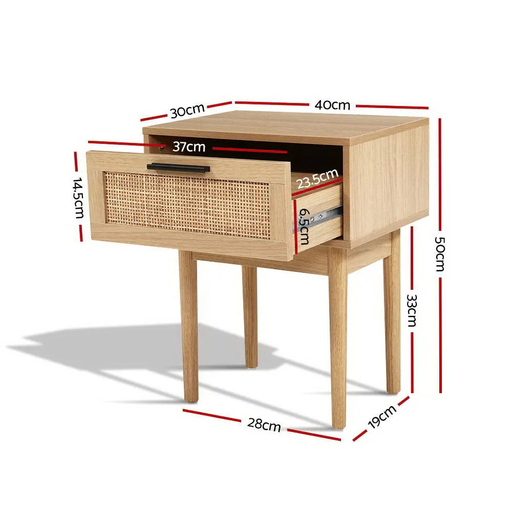 Wooden bedside table with rattan drawer and labeled dimensions in centimeters