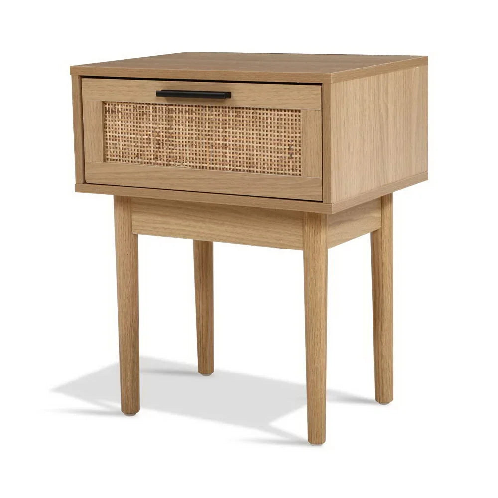 Mid-century modern oak nightstand with rattan drawer and minimalist black handle