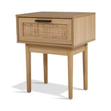 Mid-century modern oak nightstand with rattan drawer and minimalist black handle