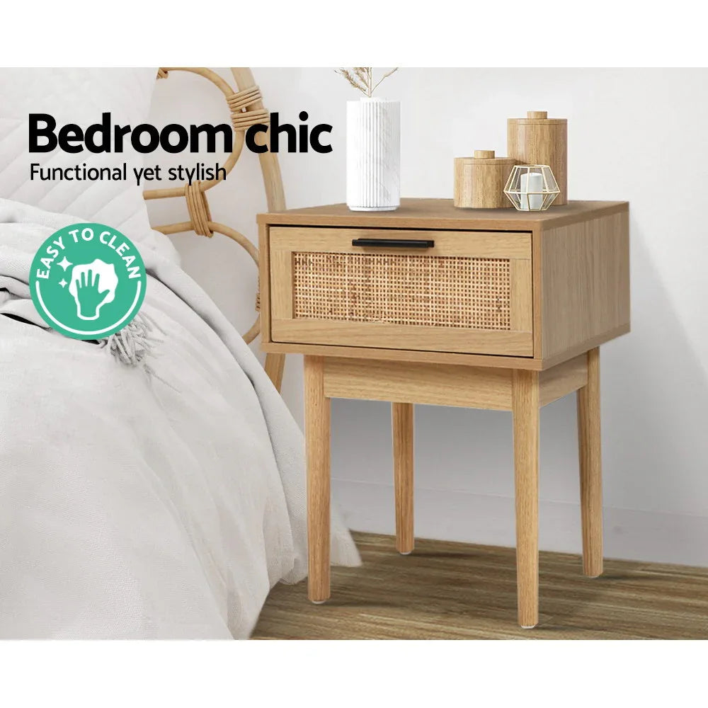 Modern wooden bedside table with rattan drawer and decor in a stylish bedroom, easy to clean