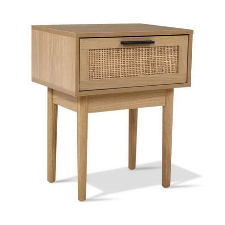 Modern oak bedside table with rattan drawer and minimalist black handle
