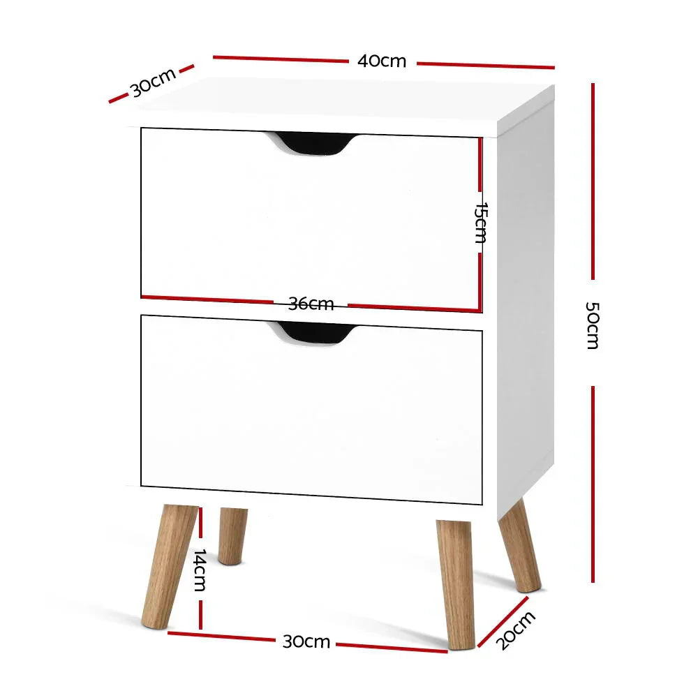 White bedside table with two drawers, wood legs, and dimensions labeled in centimeters