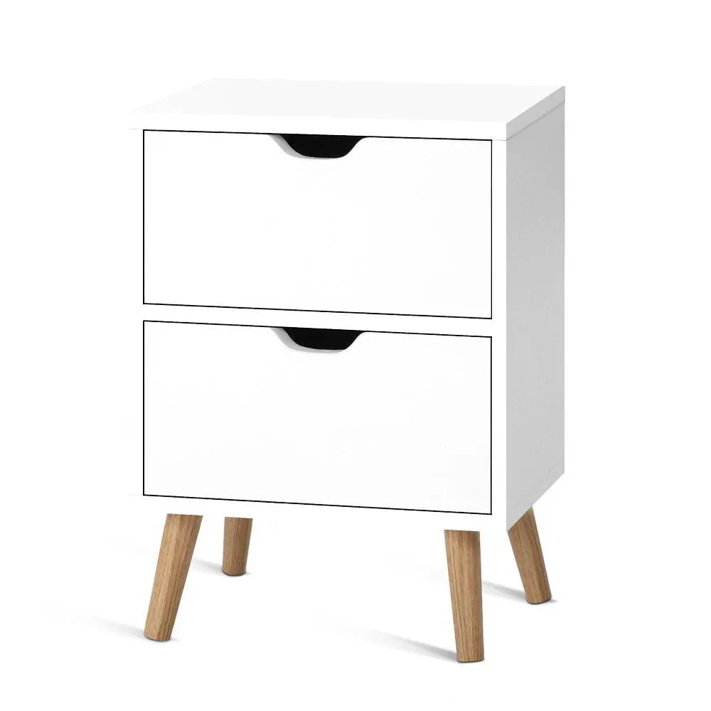 Modern white wooden nightstand with two drawers and angled oak legs