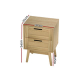 Natural wood bedside table with rattan drawers, black handles, and measurements labeled