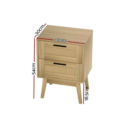 Natural wood bedside table with rattan drawers, black handles, and measurements labeled