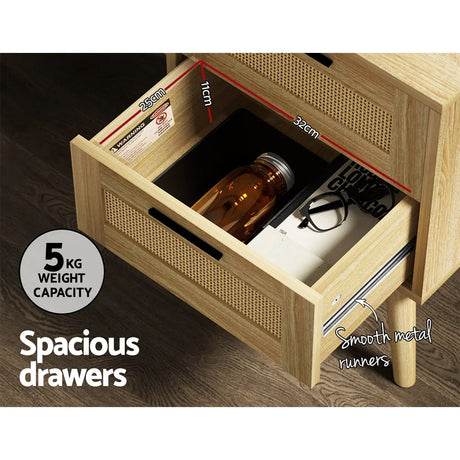 Light wood nightstand with spacious drawer, smooth metal runners, 5kg capacity, and storage items.