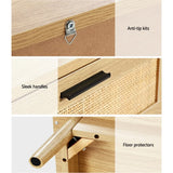 Wood cabinet details showing anti-tip kits, sleek black handles, and floor protectors