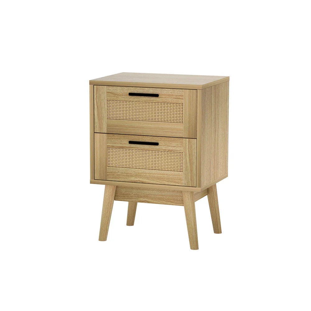 Mid-century modern wooden nightstand with two rattan front drawers and angled legs