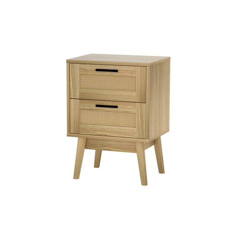 Mid-century modern wooden nightstand with two rattan front drawers and angled legs