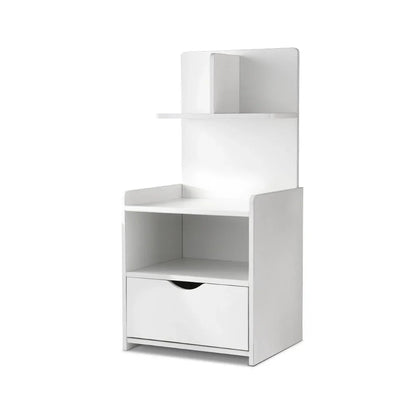 Modern white wooden bedside table with drawer, open shelf, and top organizer on white background.