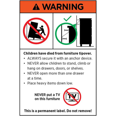 Furniture tip-over warning label with safety icons and child safety instructions.