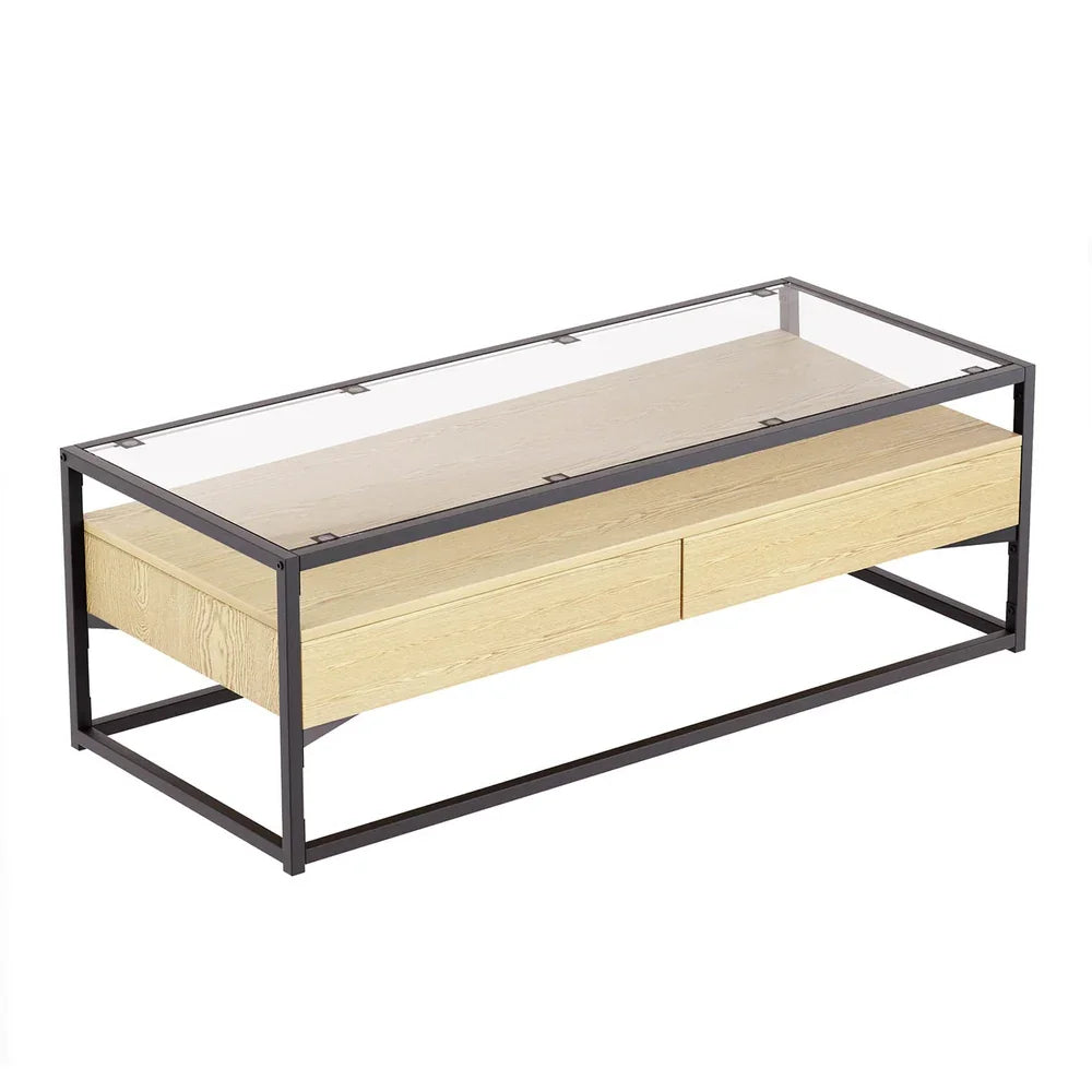 Modern glass top coffee table with black metal frame and light wood drawers