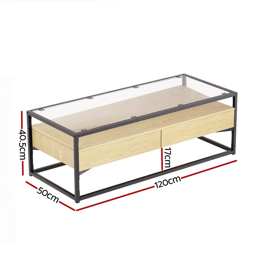 Modern glass top coffee table with black metal frame and wood drawers, dimensions labeled