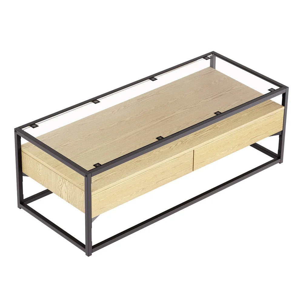 Modern rectangular coffee table with black metal frame and light wood drawers