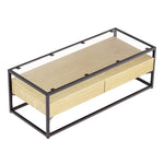Modern rectangular coffee table with black metal frame and light wood drawers