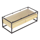 Modern rectangular coffee table with black metal frame and light wood drawers